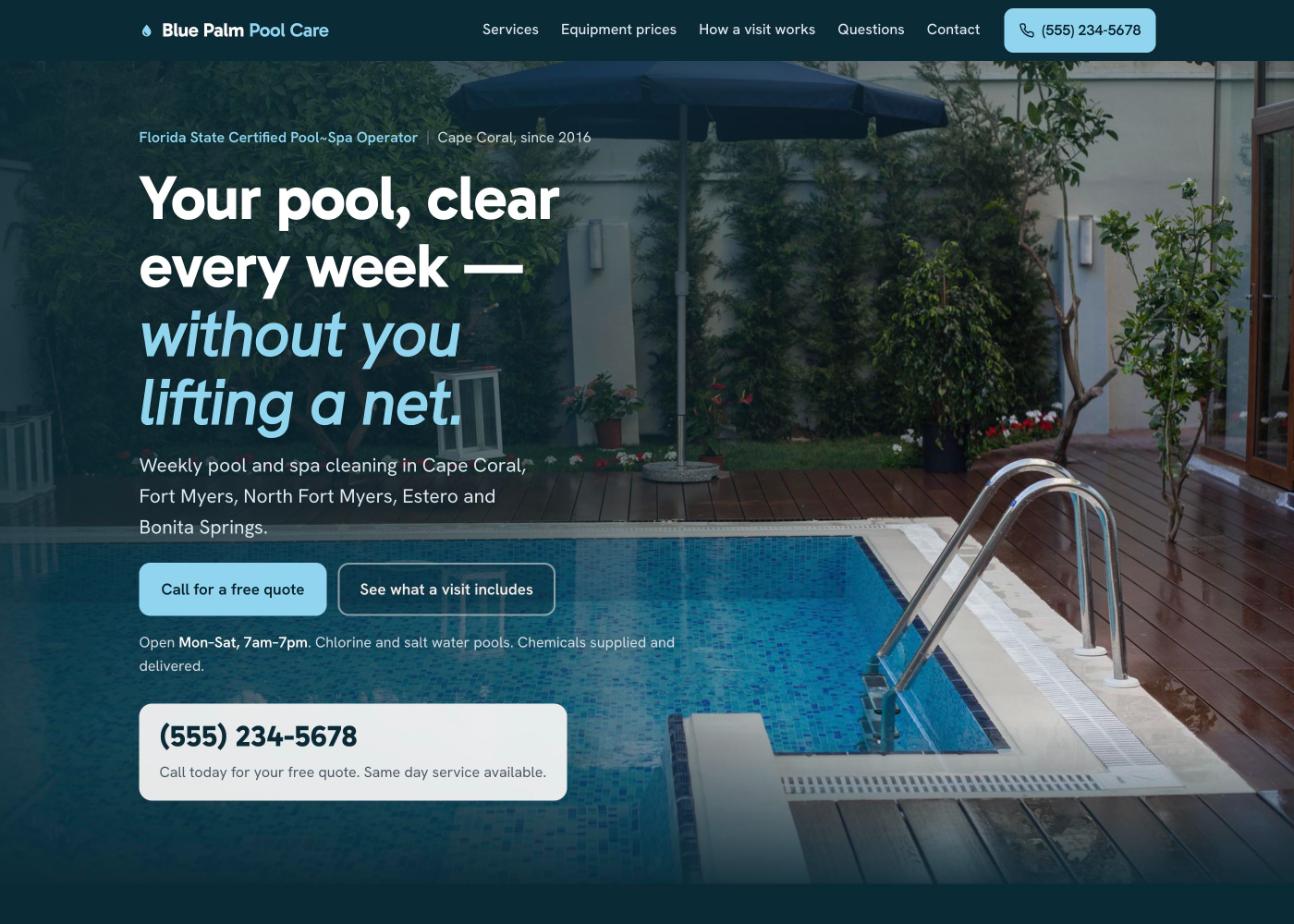 Blue Palm Pool Care website